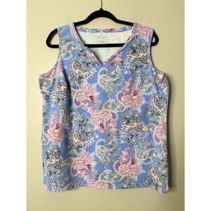 Talbots Sleeveless Tank Top Size 1X Floral Cotton Stretch Blue Pink Feminine